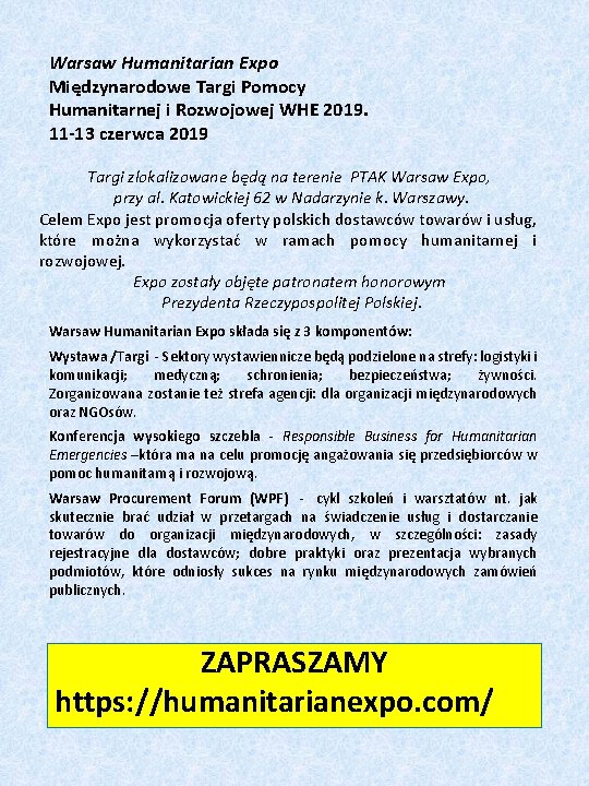 Warsaw Humanitarian Expo Międzynarodowe Targi Pomocy Humanitarnej i Rozwojowej WHE 2019. 11 -13 czerwca