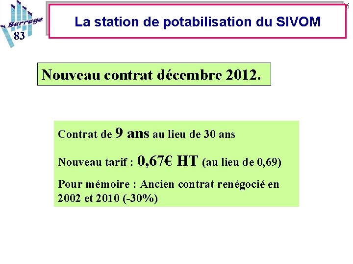 16 83 La station de potabilisation du SIVOM Nouveau contrat décembre 2012. Contrat de