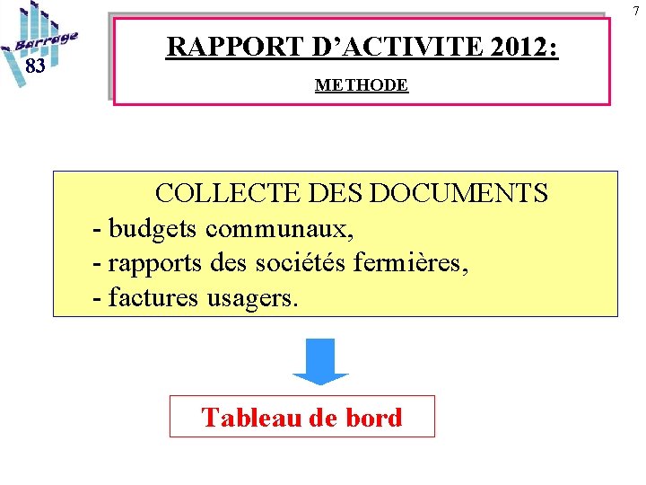 7 83 RAPPORT D’ACTIVITE 2012: METHODE COLLECTE DES DOCUMENTS - budgets communaux, - rapports