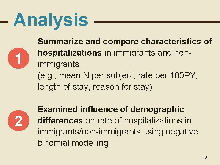 Analysis 1 2 Summarize and compare characteristics of hospitalizations in immigrants and nonimmigrants (e.