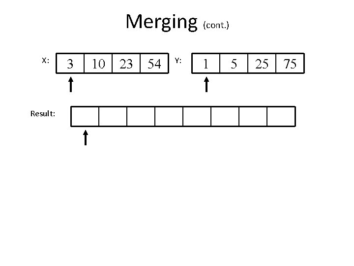 Merging (cont. ) X: Result: 3 10 23 54 Y: 1 5 25 75