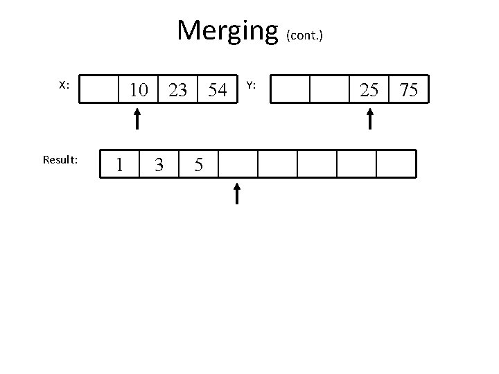 Merging (cont. ) X: Result: 10 1 23 3 54 5 Y: 25 75