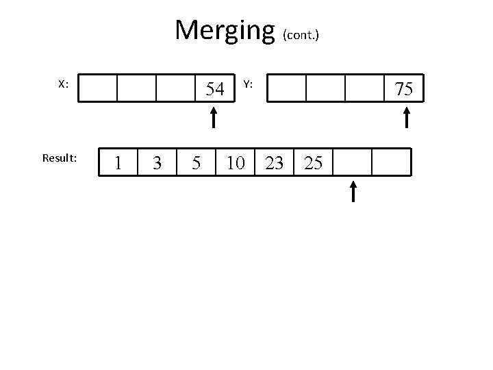 Merging (cont. ) X: Result: 54 1 3 5 Y: 10 75 23 25