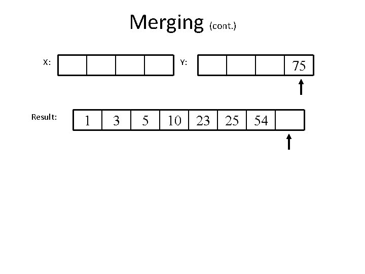 Merging (cont. ) X: Result: Y: 1 3 5 10 75 23 25 54