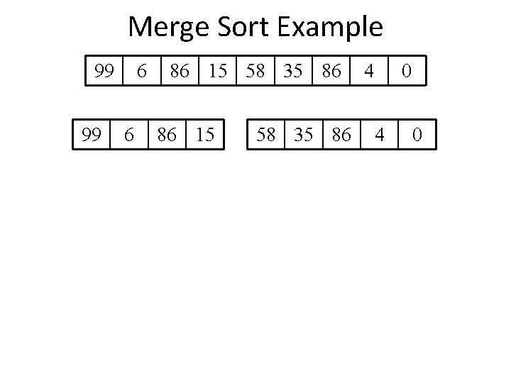 Merge Sort Example 99 99 6 6 86 15 58 35 86 4 0