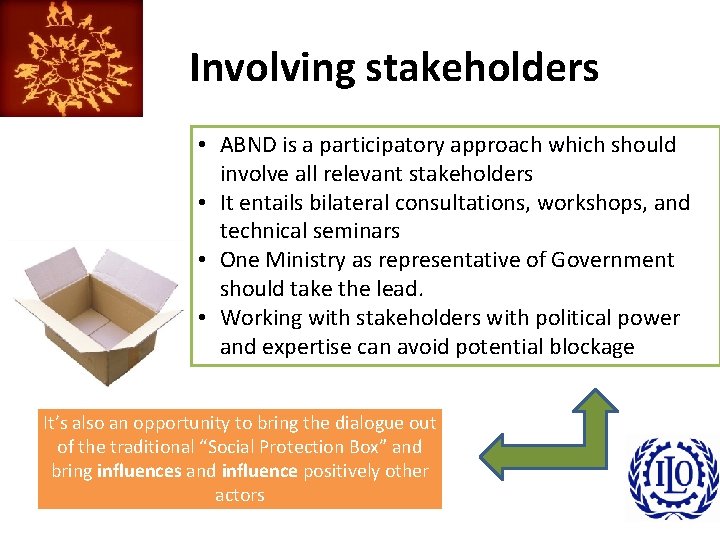 Involving stakeholders • ABND is a participatory approach which should involve all relevant stakeholders
