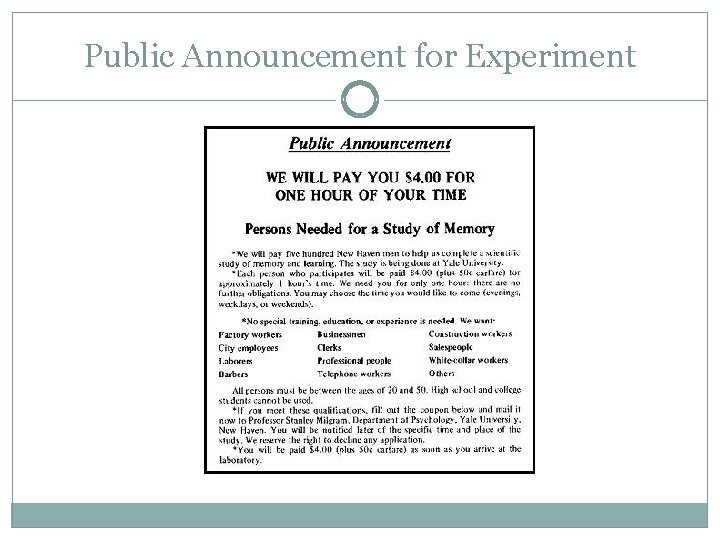 Public Announcement for Experiment 