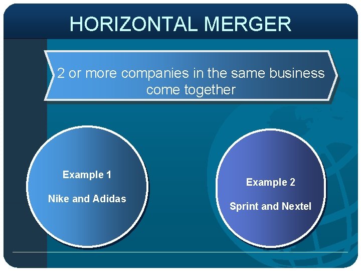 HORIZONTAL MERGER 2 or more companies in the same business come together Example 1