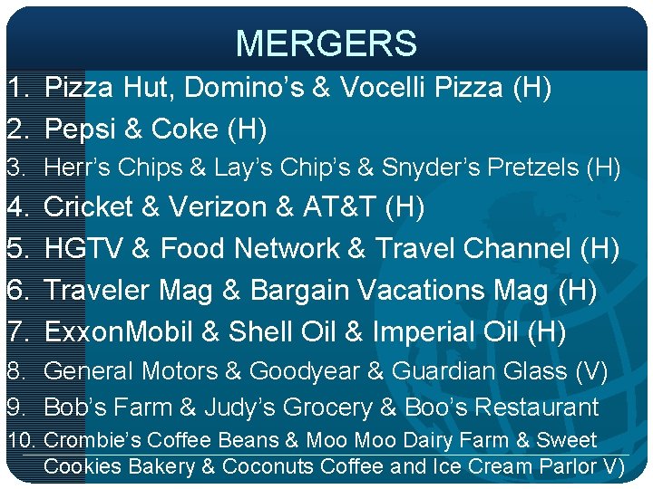 MERGERS 1. Pizza Hut, Domino’s & Vocelli Pizza (H) 2. Pepsi & Coke (H)