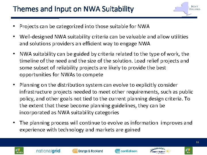 Themes and Input on NWA Suitability • Projects can be categorized into those suitable