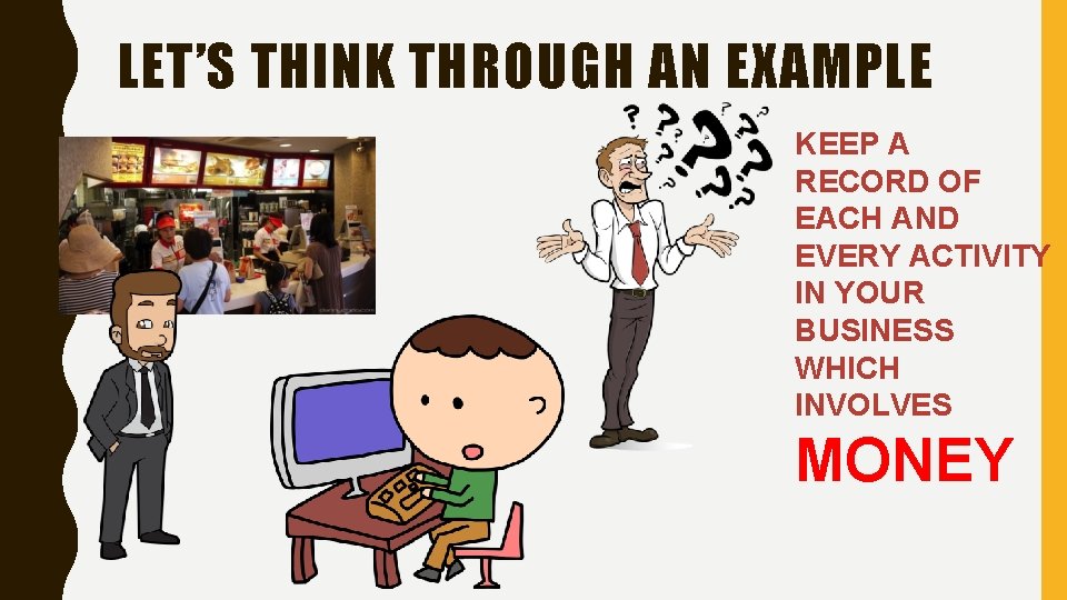 LET’S THINK THROUGH AN EXAMPLE KEEP A RECORD OF EACH AND EVERY ACTIVITY IN