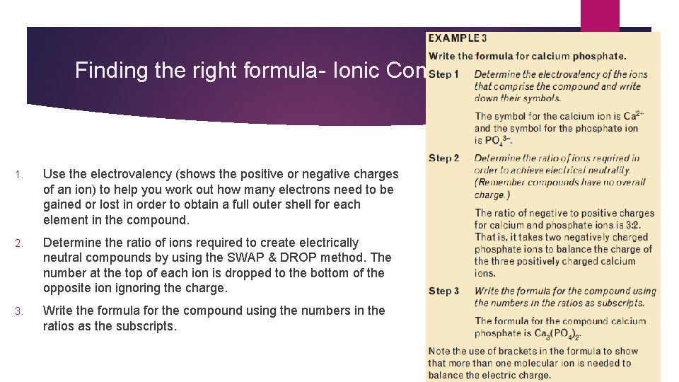 Finding the right formula- Ionic Compounds: 1. Use the electrovalency (shows the positive or