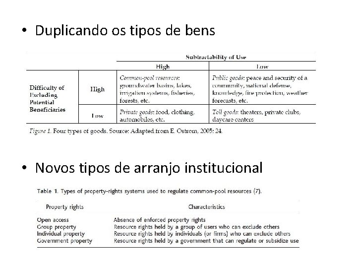  • Duplicando os tipos de bens • Novos tipos de arranjo institucional 