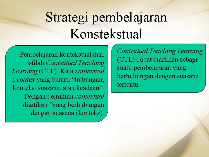 Strategi pembelajaran Konstekstual Pembelajaran kontekstual dari istilah Contextual Teaching Learning (CTL). Kata contextual ;