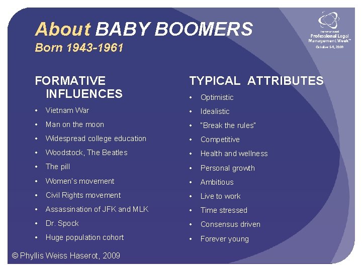 About BABY BOOMERS Born 1943 -1961 FORMATIVE INFLUENCES TYPICAL ATTRIBUTES • Optimistic • Vietnam