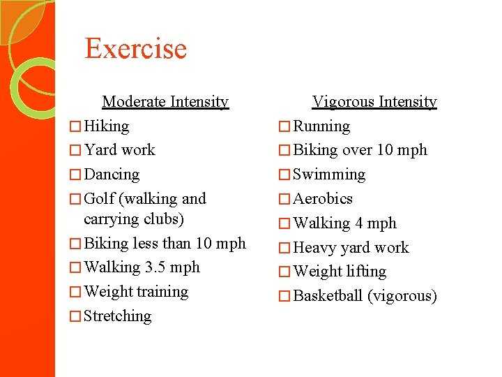 Exercise Moderate Intensity � Hiking � Yard work � Dancing � Golf (walking and