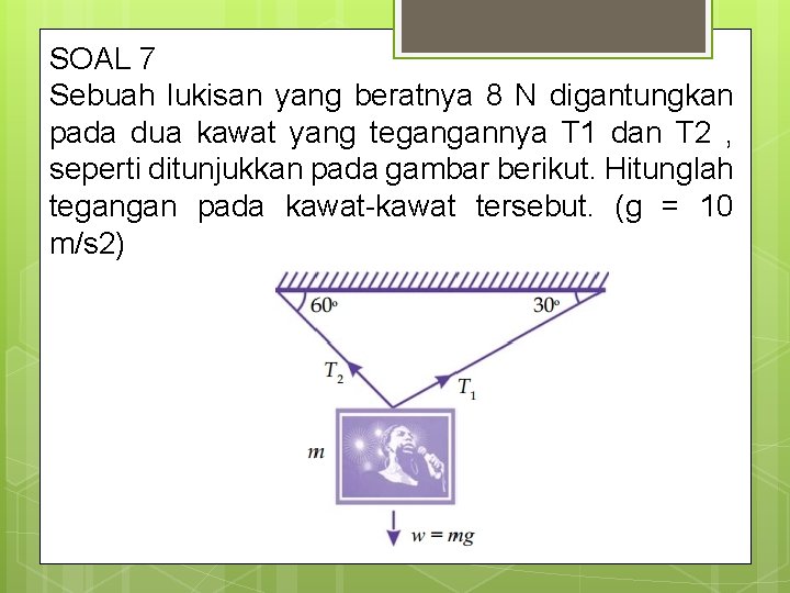 SOAL 7 Sebuah lukisan yang beratnya 8 N digantungkan pada dua kawat yang tegangannya