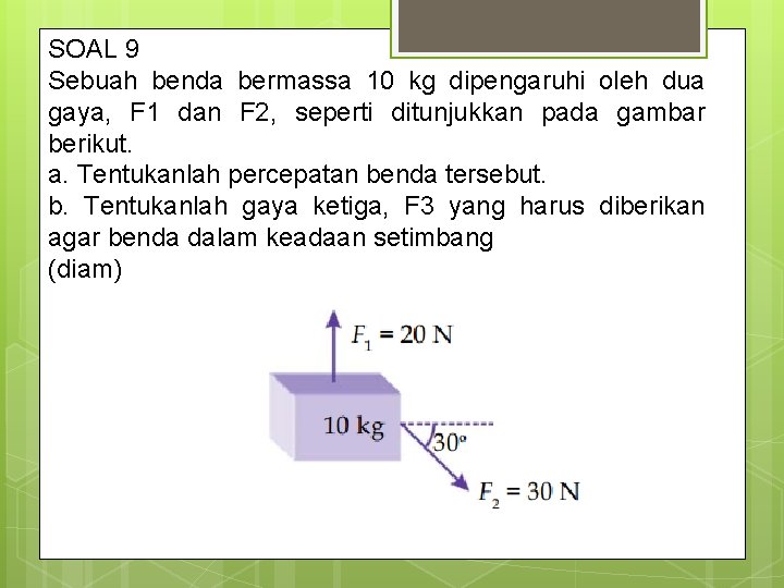 SOAL 9 Sebuah benda bermassa 10 kg dipengaruhi oleh dua gaya, F 1 dan