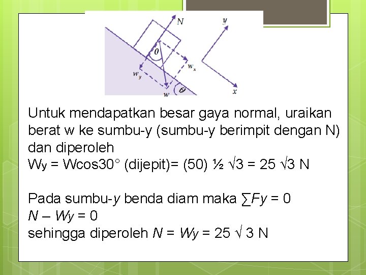 Untuk mendapatkan besar gaya normal, uraikan berat w ke sumbu-y (sumbu-y berimpit dengan N)