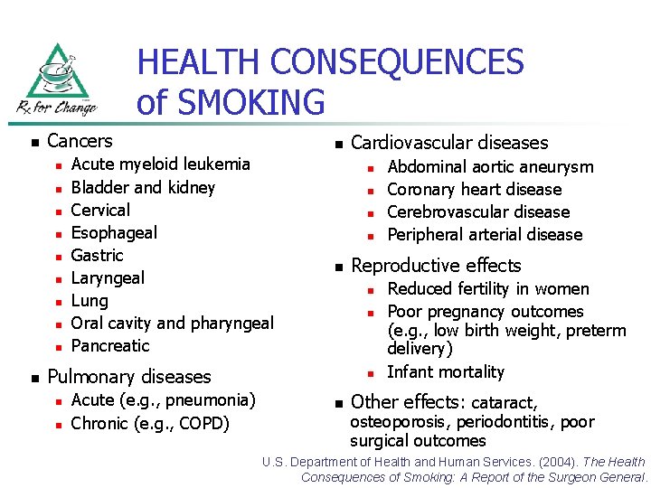 HEALTH CONSEQUENCES of SMOKING n Cancers n n n Acute myeloid leukemia Bladder and