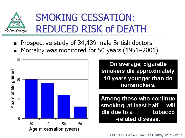 SMOKING CESSATION: REDUCED RISK of DEATH n On average, cigarette smokers die approximately 10
