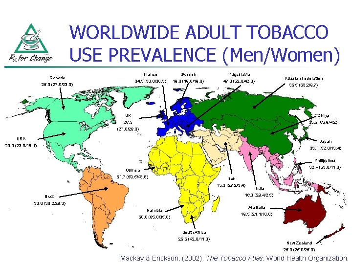 WORLDWIDE ADULT TOBACCO USE PREVALENCE (Men/Women) Canada 25. 0 (27. 0/23. 0) France Sweden