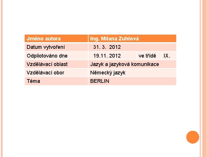 Jméno autora Ing. Milana Zuhlová Datum vytvoření 31. 3. 2012 Odpilotováno dne 19. 11.