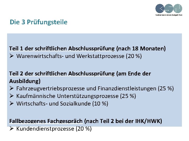 Die 3 Prüfungsteile Teil 1 der schriftlichen Abschlussprüfung (nach 18 Monaten) Warenwirtschafts- und Werkstattprozesse