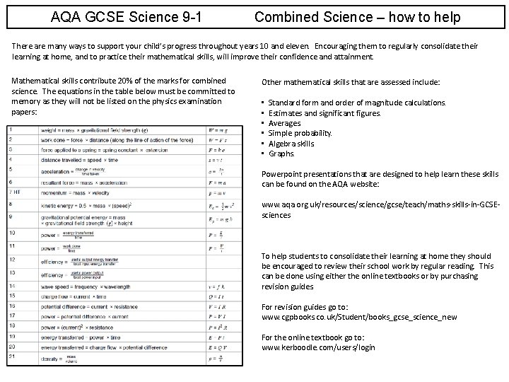 AQA GCSE Science 9 -1 Combined Science – how to help There are many