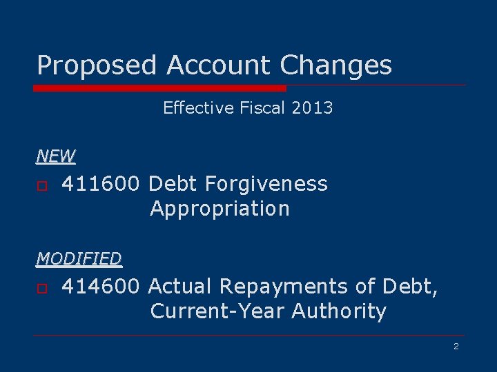 Proposed Account Changes Effective Fiscal 2013 NEW o 411600 Debt Forgiveness Appropriation MODIFIED o