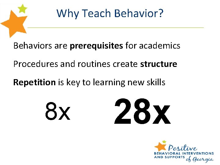 Why Teach Behavior? Behaviors are prerequisites for academics Procedures and routines create structure Repetition