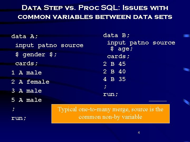Data Step vs. Proc SQL: Issues with common variables between data sets data B;