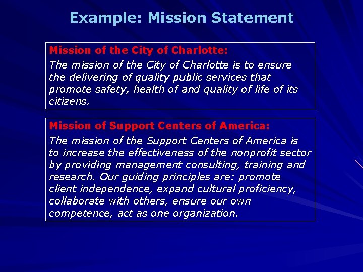 Example: Mission Statement Mission of the City of Charlotte: The mission of the City