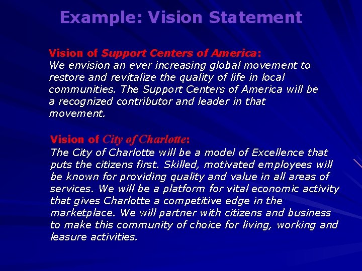 Example: Vision Statement Vision of Support Centers of America: We envision an ever increasing