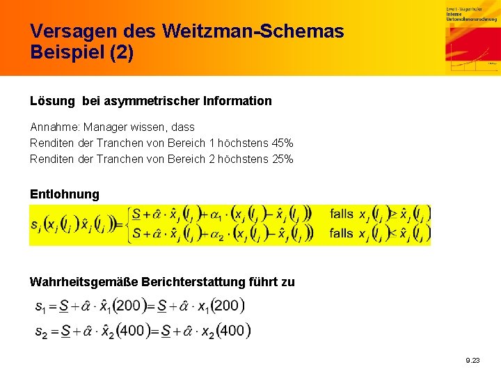 Versagen des Weitzman-Schemas Beispiel (2) Lösung bei asymmetrischer Information Annahme: Manager wissen, dass Renditen