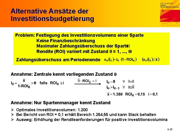 Alternative Ansätze der Investitionsbudgetierung Problem: Festlegung des Investitionsvolumens einer Sparte Keine Finanzbeschränkung Maximaler Zahlungsüberschuss