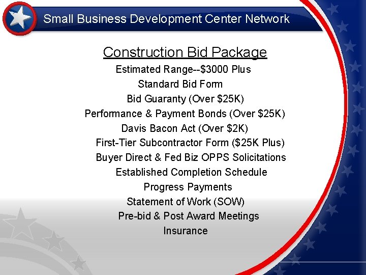 Small Business Development Center Network Construction Bid Package Estimated Range--$3000 Plus Standard Bid Form