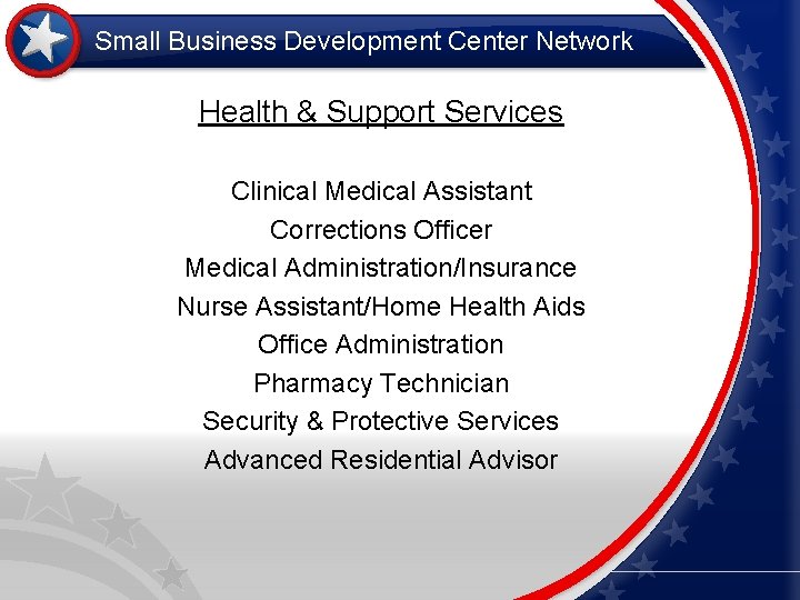 Small Business Development Center Network Health & Support Services Clinical Medical Assistant Corrections Officer