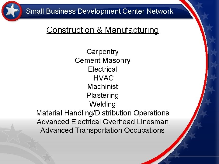 Small Business Development Center Network Construction & Manufacturing Carpentry Cement Masonry Electrical HVAC Machinist