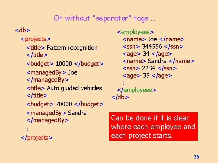 Or without “separator” tags … <db> <projects> <title> Pattern recognition </title> <budget> 10000 </budget>