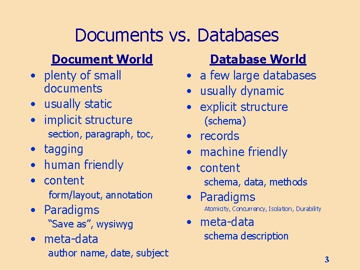 Documents vs. Databases Document World • plenty of small documents • usually static •