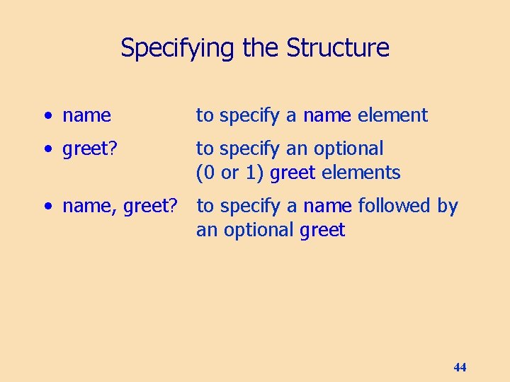 Specifying the Structure • name to specify a name element • greet? to specify