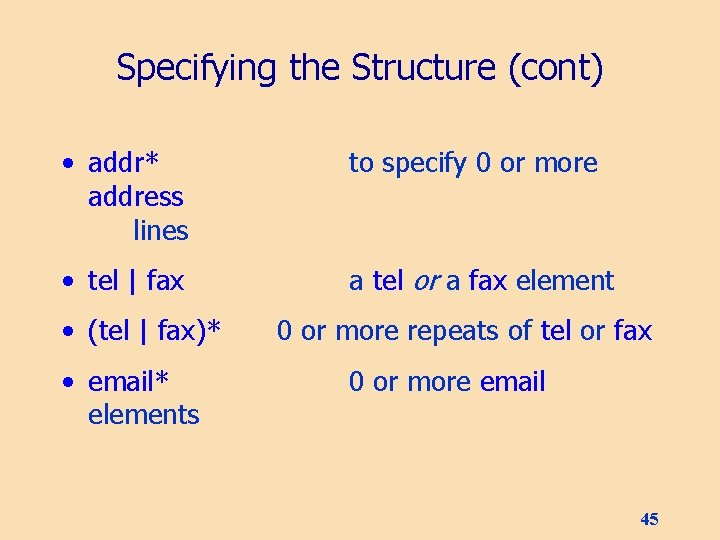 Specifying the Structure (cont) • addr* address lines to specify 0 or more •