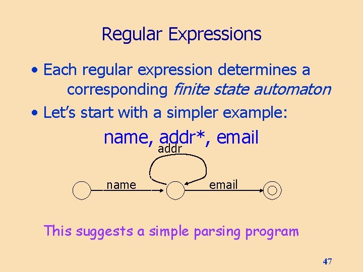 Regular Expressions • Each regular expression determines a corresponding finite state automaton • Let’s