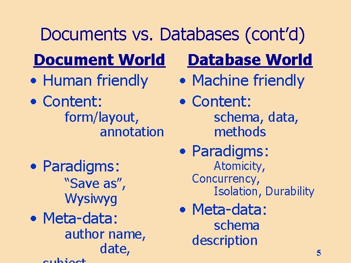 Documents vs. Databases (cont’d) Document World Database World • Human friendly • Machine friendly