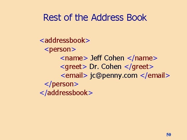 Rest of the Address Book <addressbook> <person> <name> Jeff Cohen </name> <greet> Dr. Cohen