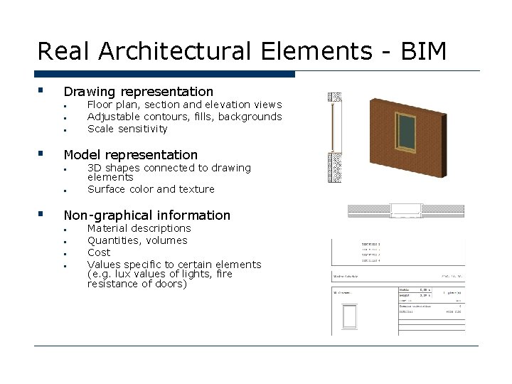 Real Architectural Elements - BIM § Drawing representation • • • § Model representation