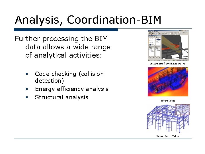 Analysis, Coordination-BIM Further processing the BIM data allows a wide range of analytical activities:
