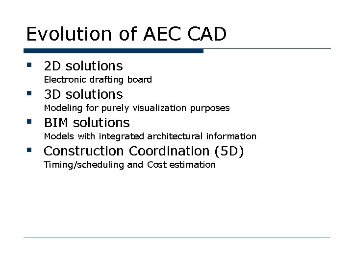 Evolution of AEC CAD § 2 D solutions Electronic drafting board § 3 D