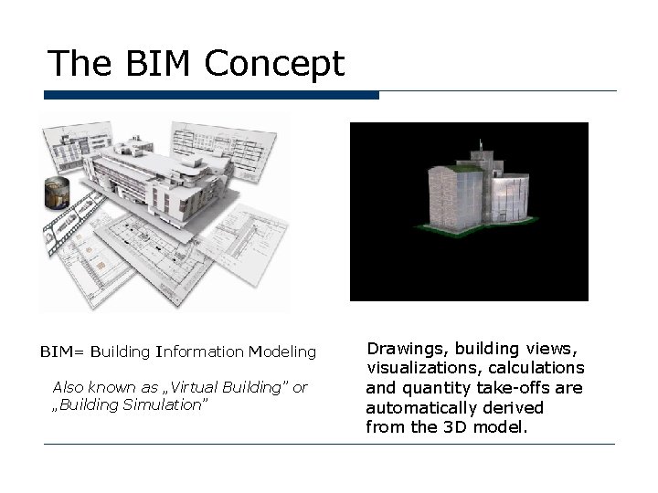 The BIM Concept BIM= Building Information Modeling Also known as „Virtual Building” or „Building